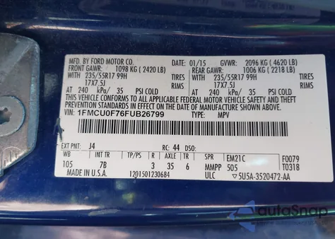 2015 Ford Escape S z USA, uszkodzony, nr VIN 1FMCU0F76FUB26799